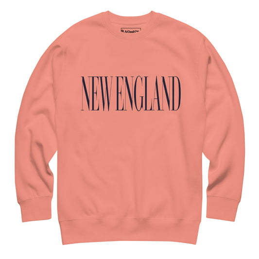 Dusty rose Massachusetts sweatshirt laid flat front, showing a large ‘Massachusetts’ word in serif font in Navy print.