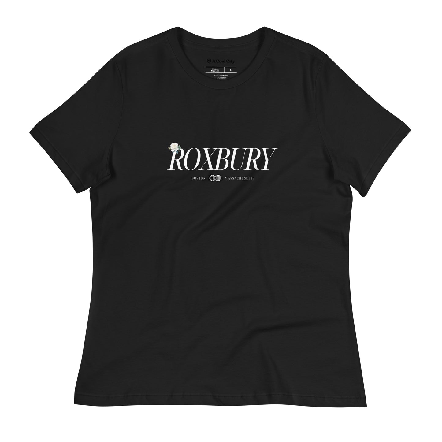 Roxbury Boston Rose Women's Relaxed Black T-Shirt