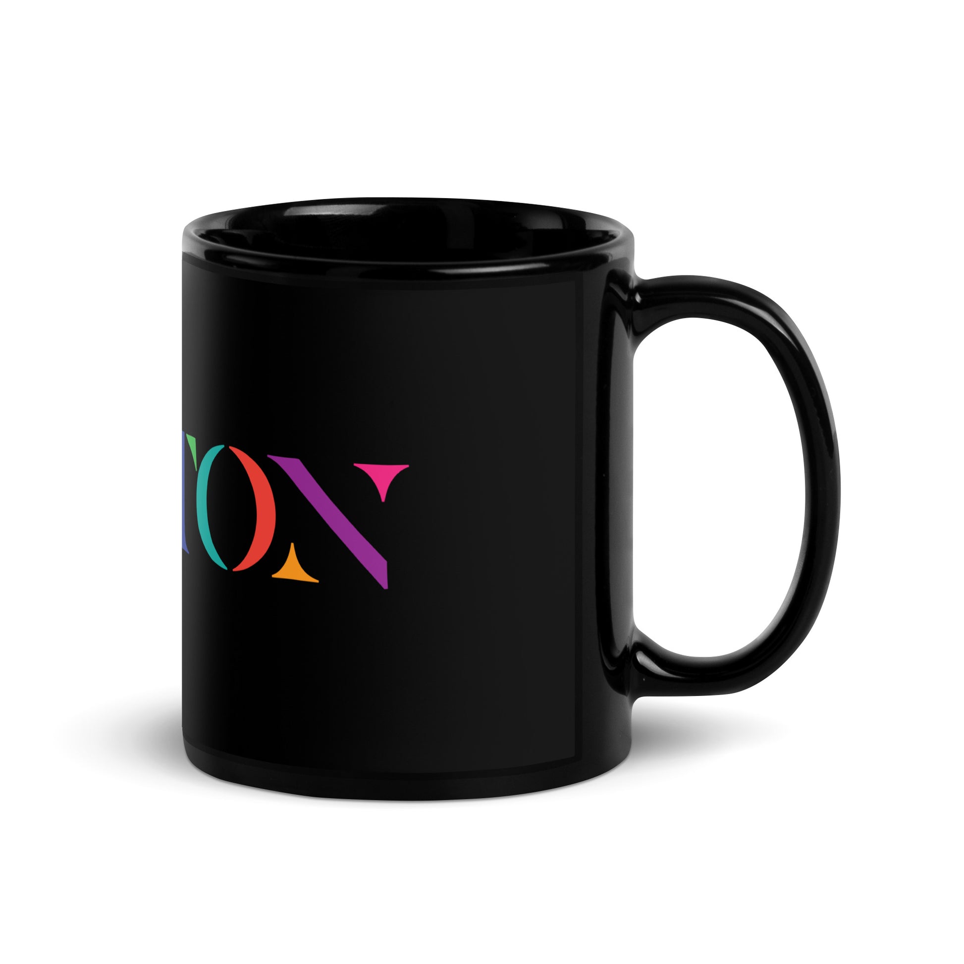 Shiny all black coffee mug with a nice colorful BOSTON serif with colorful sections. Colors in BOSTON word are Magenta, Purple, Gold, Teals, Green, Limes, and Blue.