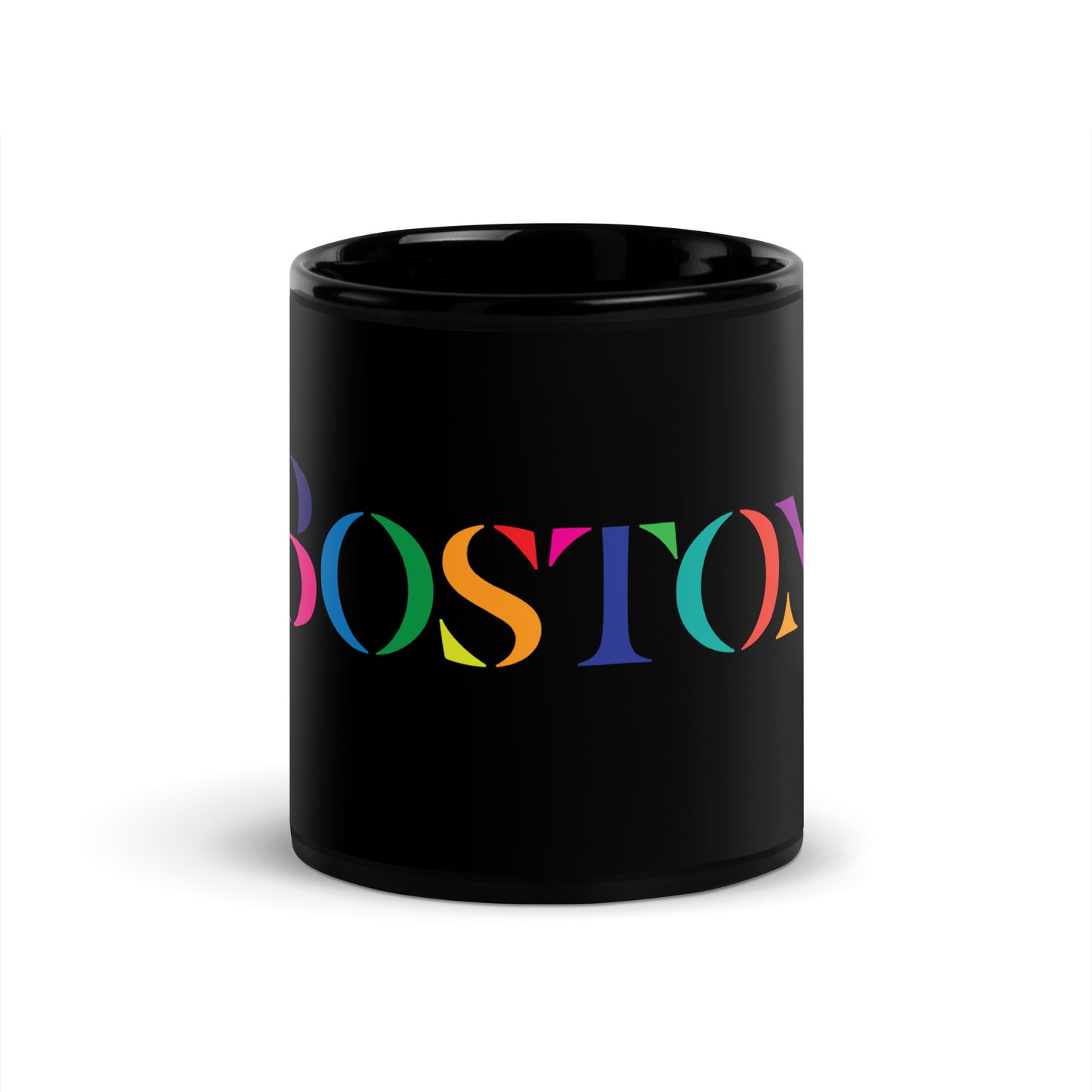 A glossy black ceramic mug against a white background. The mug features the word “BOSTON” in large serif letters, each filled with different bright colors including green, orange, purple, pink, and teal.