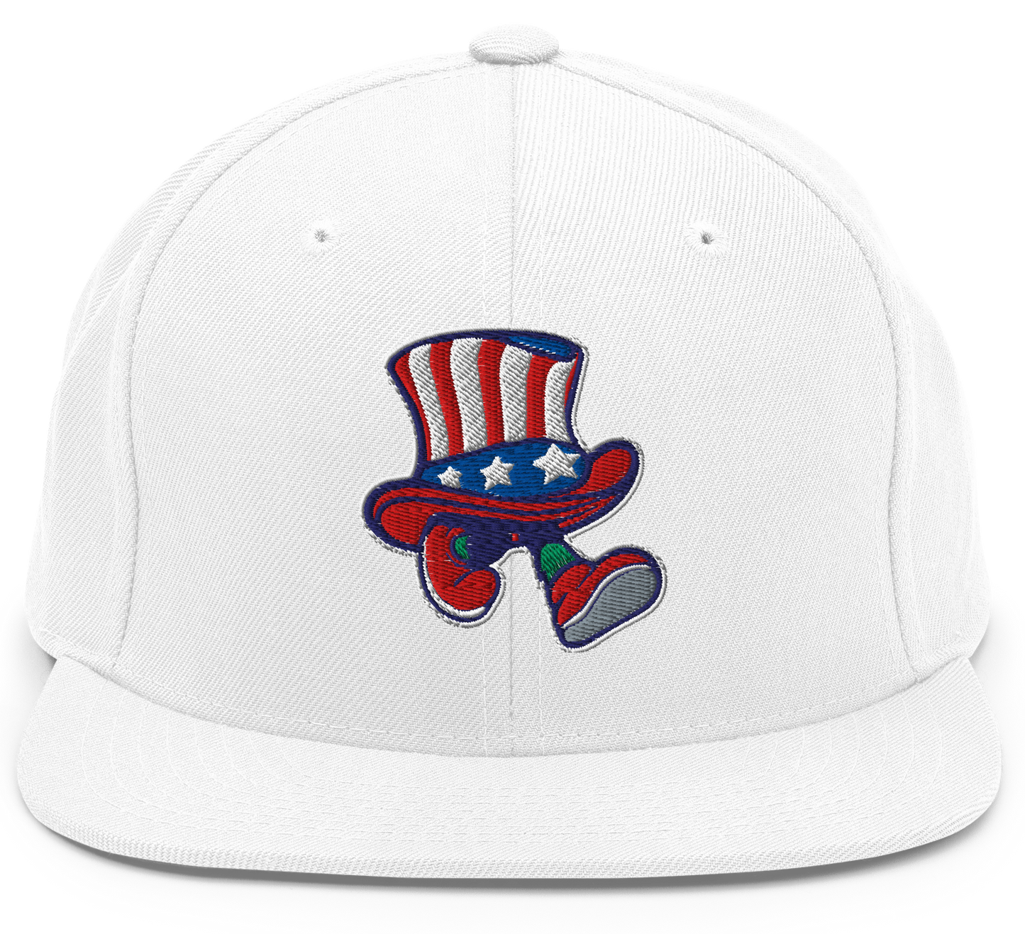 White snapback hat with a patriotic presidential walking hat design.