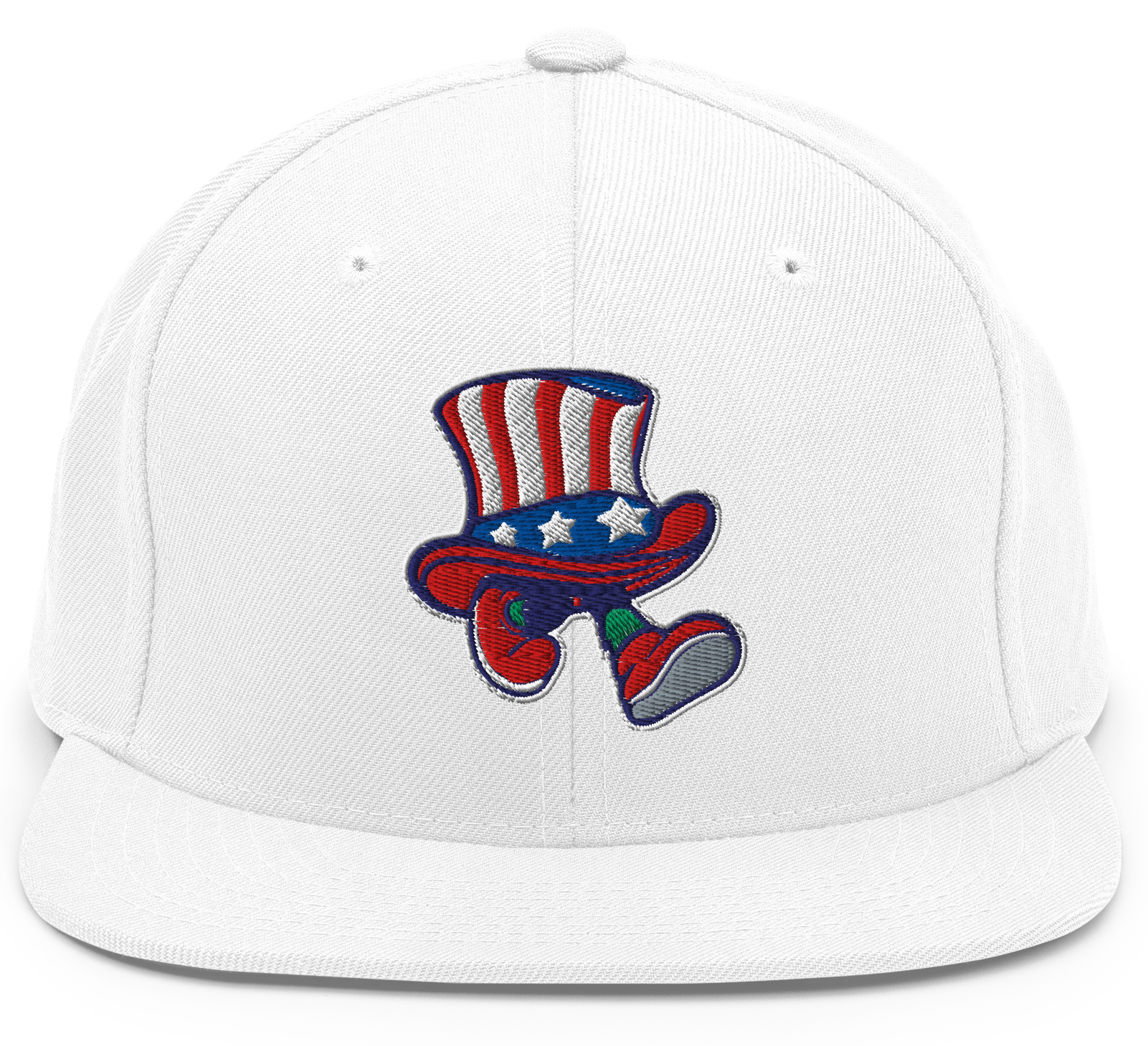 White snapback hat with a patriotic presidential walking hat design.