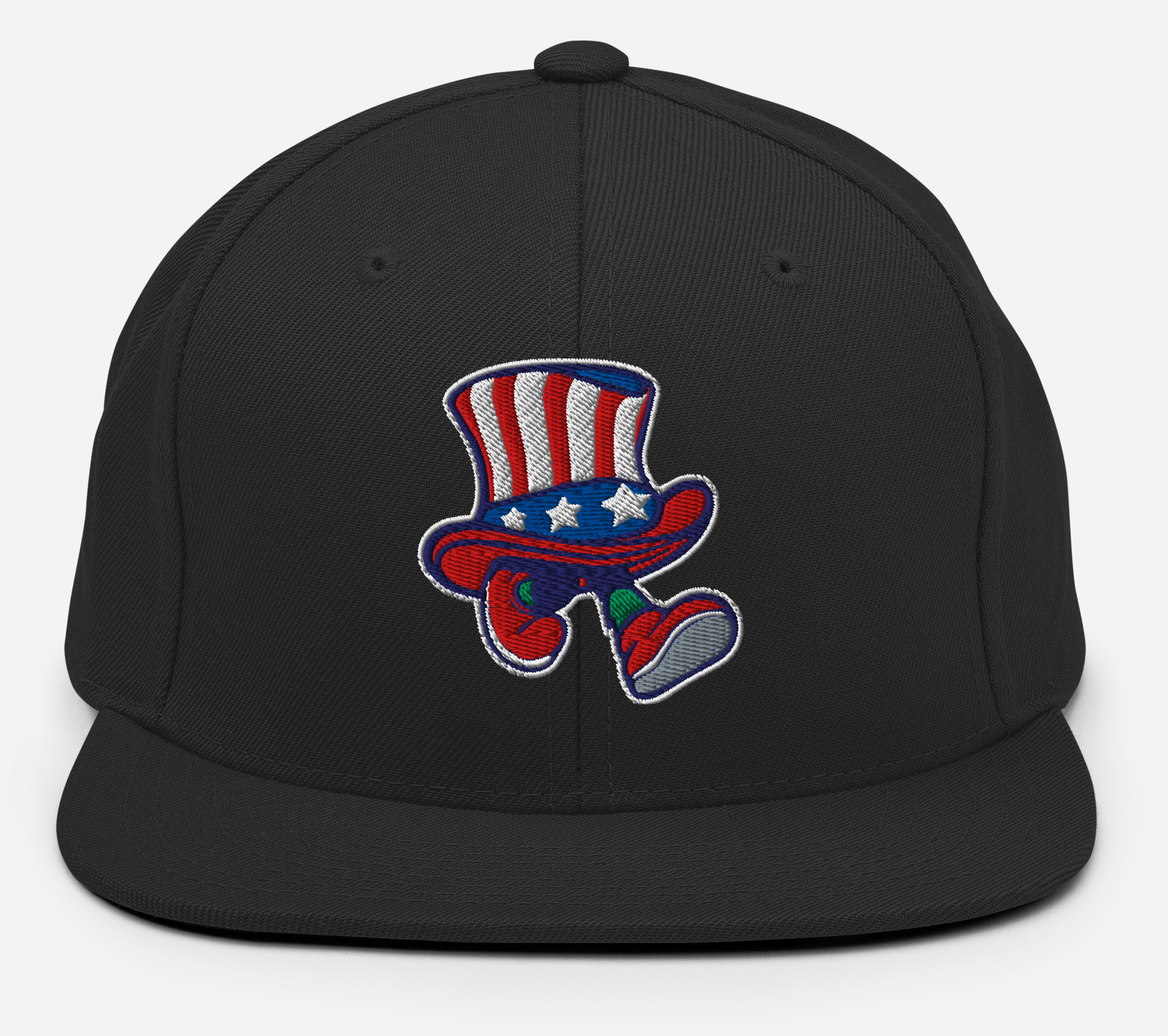 Black snapback hat with a patriotic presidential walking hat design.