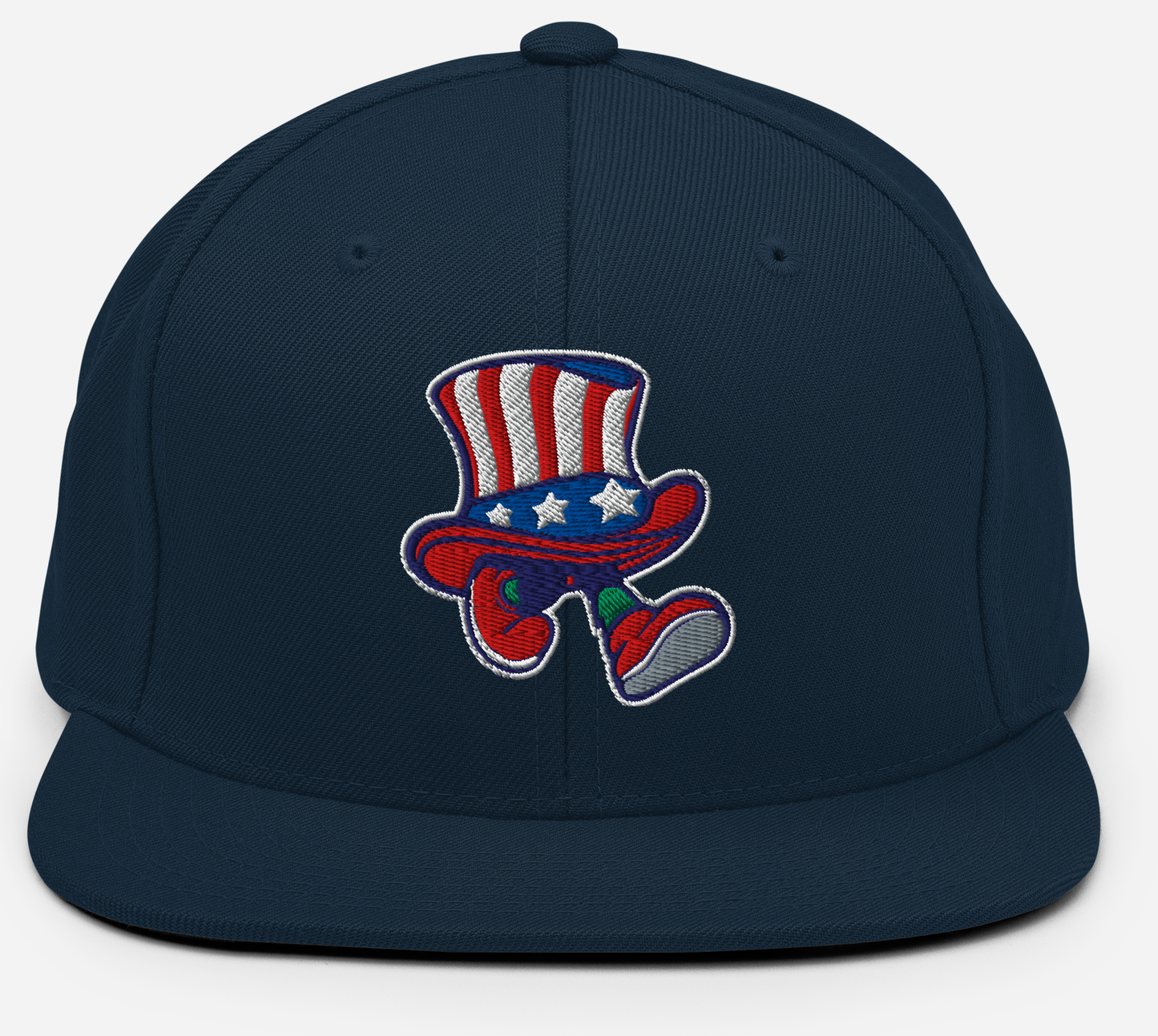 Navy snapback hat with a patriotic presidential walking hat design.