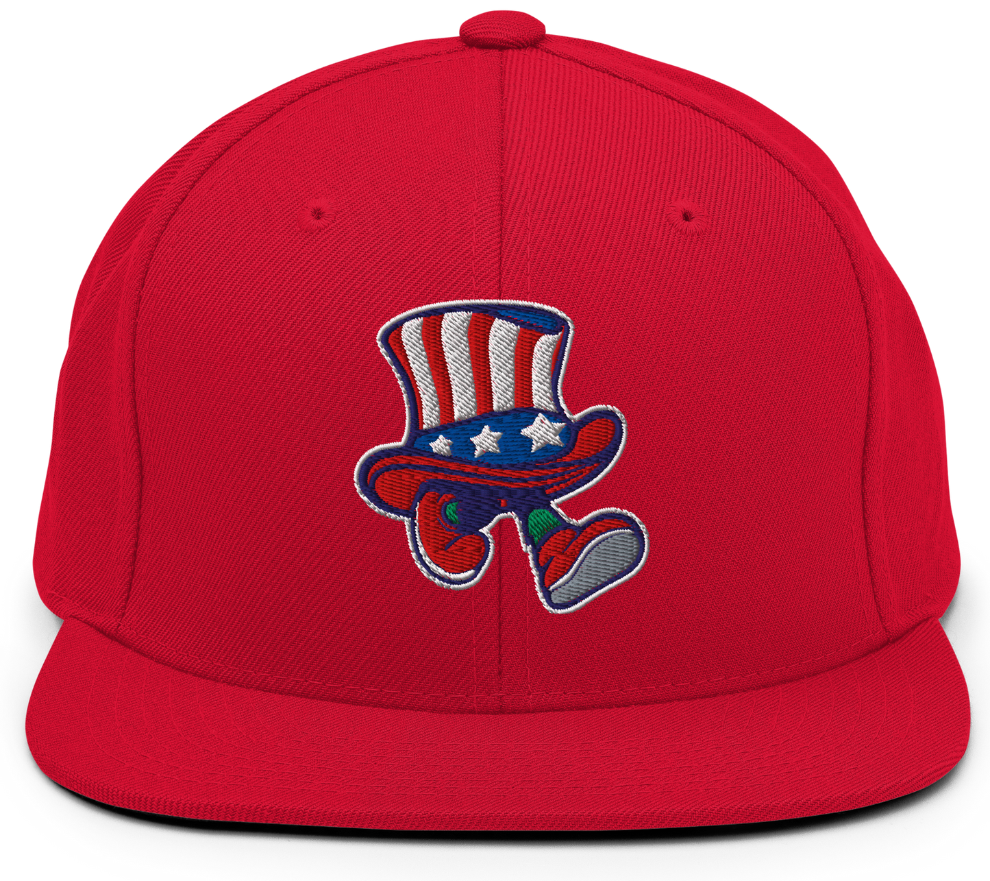 Red snapback hat with a patriotic presidential walking hat design.
