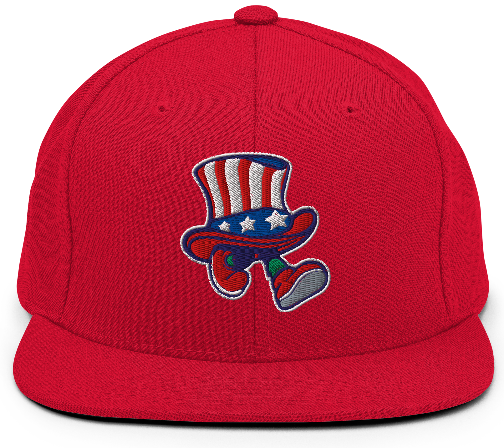 Red snapback hat with a patriotic presidential walking hat design.