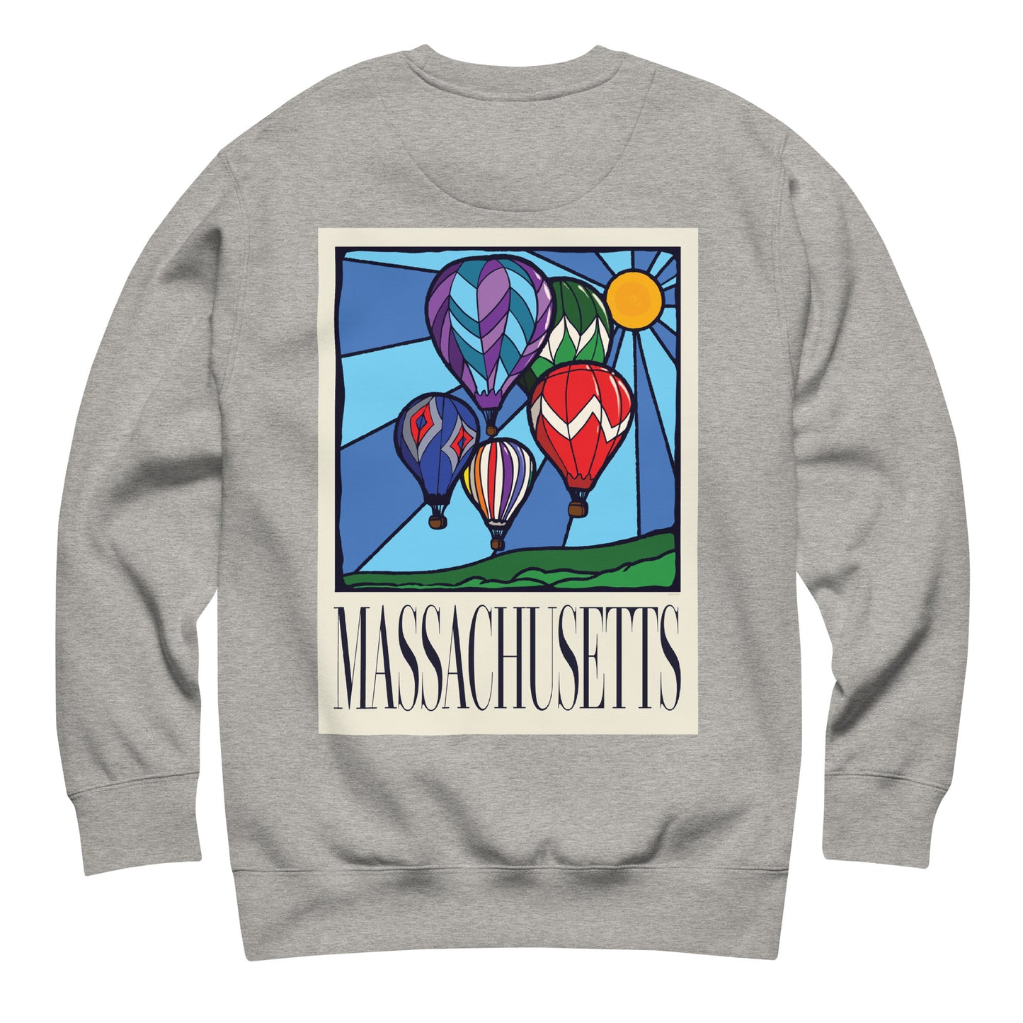 Carbon grey colored Massachusetts sweatshirt laid flat, back view showing a large hand-drawn illustration of colorful hot air balloons and a bright sun over green hills, with the word ‘Massachusetts’ in serif font in Navy print below.