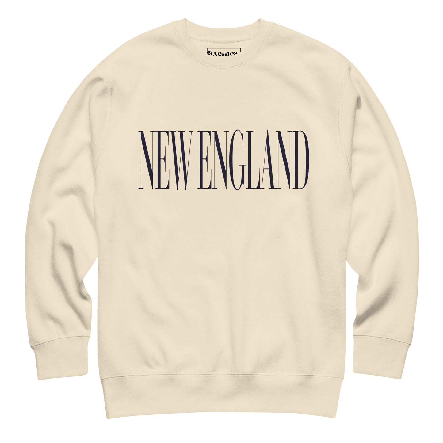 Bone colored Massachusetts sweatshirt laid flat front, showing a large ‘Massachusetts’ word in serif font in Navy print.
