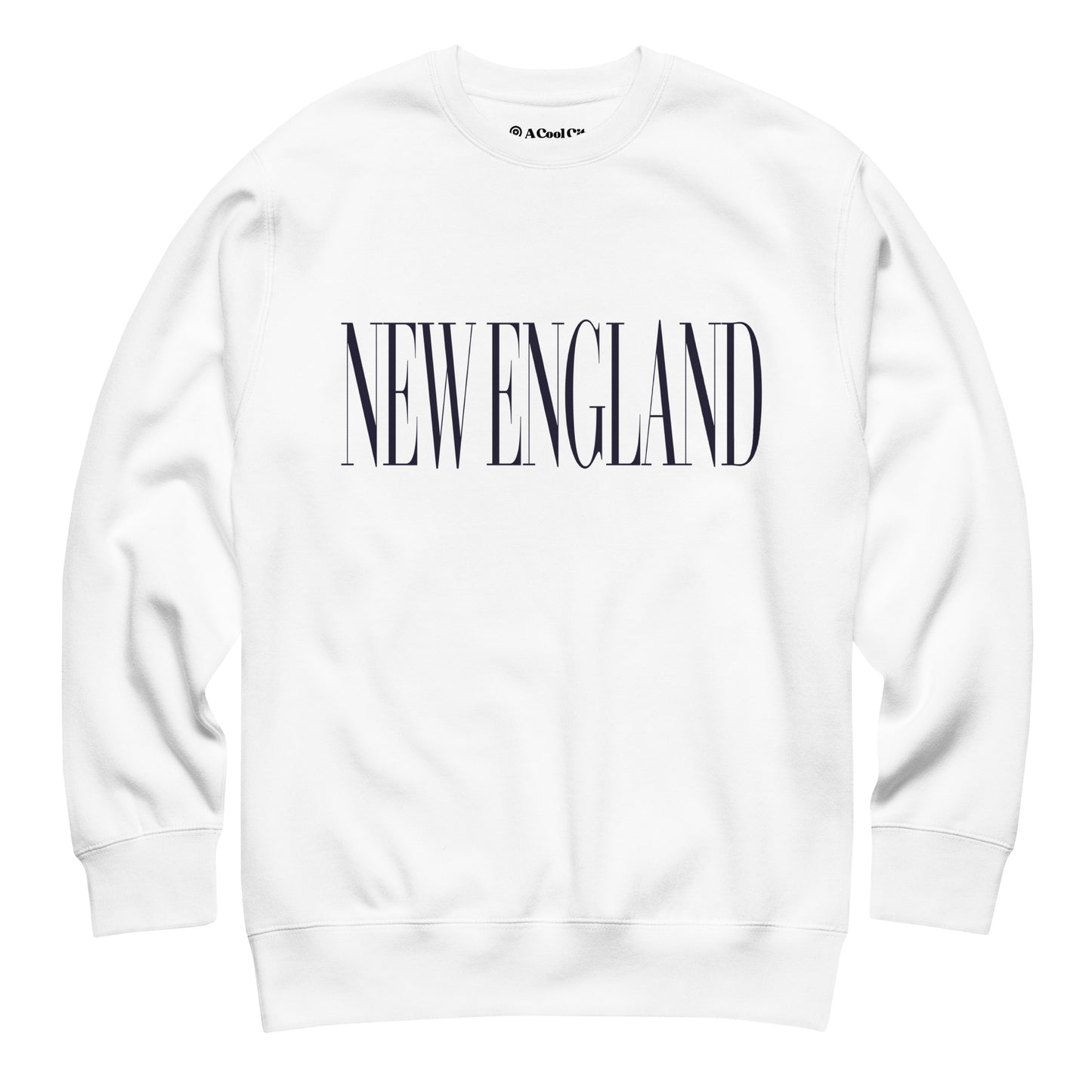 White colored Massachusetts sweatshirt laid flat front, showing a large ‘Massachusetts’ word in serif font in Navy print.
