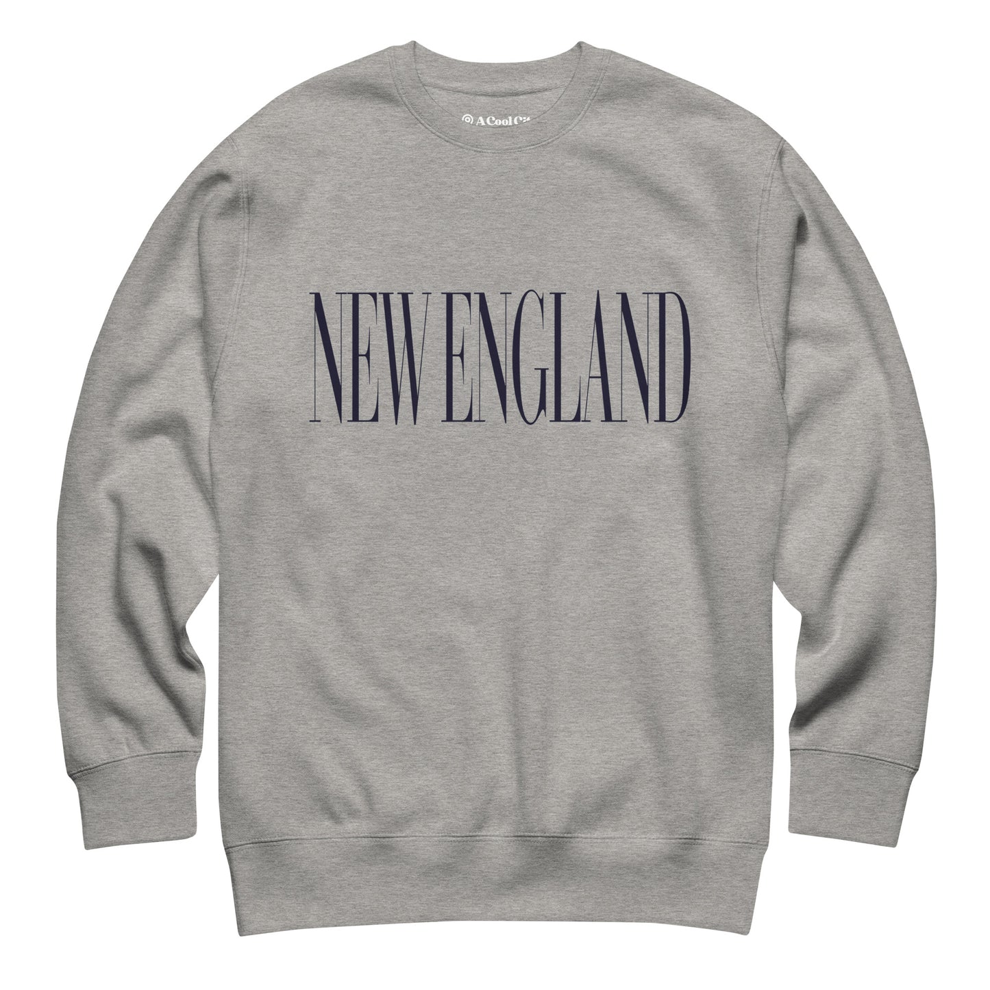 Carbon Grey colored Massachusetts sweatshirt laid flat front, showing a large ‘Massachusetts’ word in serif font in Navy print.