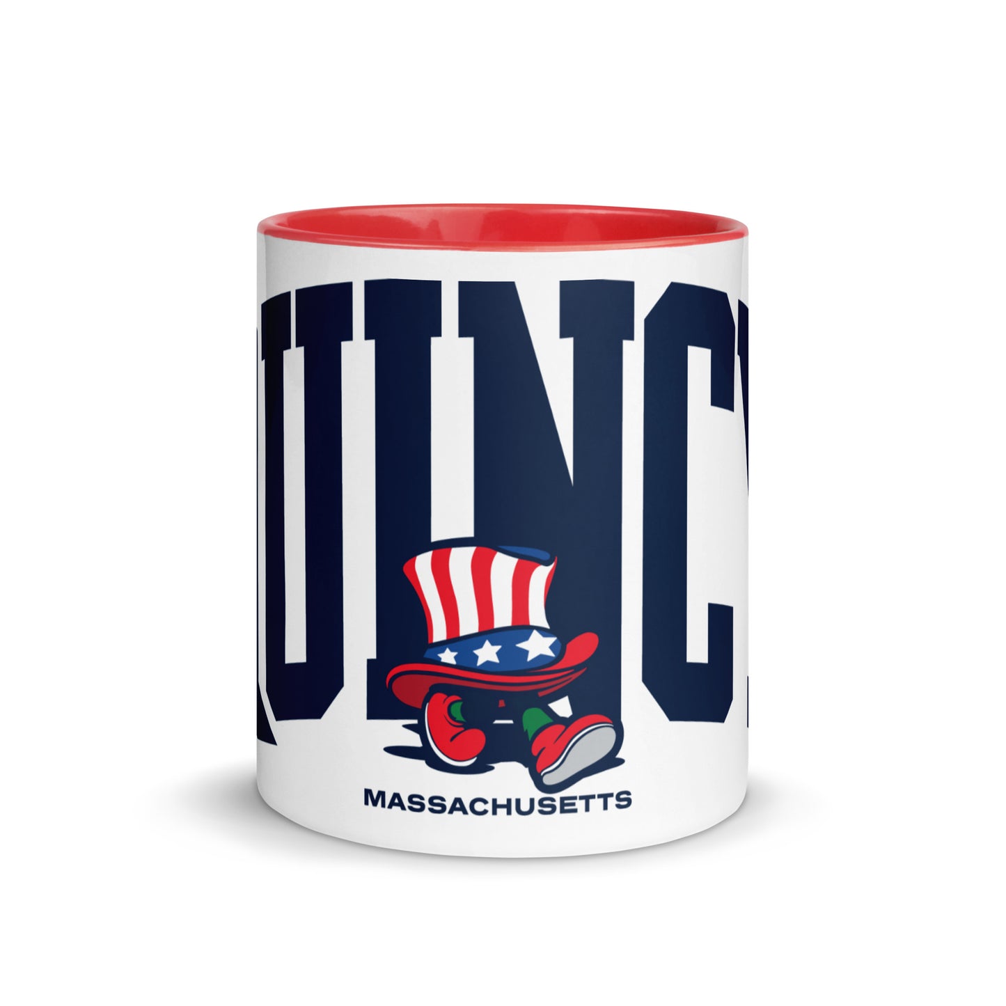 A white ceramic mug with a red interior and handle, featuring bold navy letters spelling “QUINCY” across the front. In front of the text is a cartoon-style Walking President character wearing a red, white, and blue top hat and red shoes. 